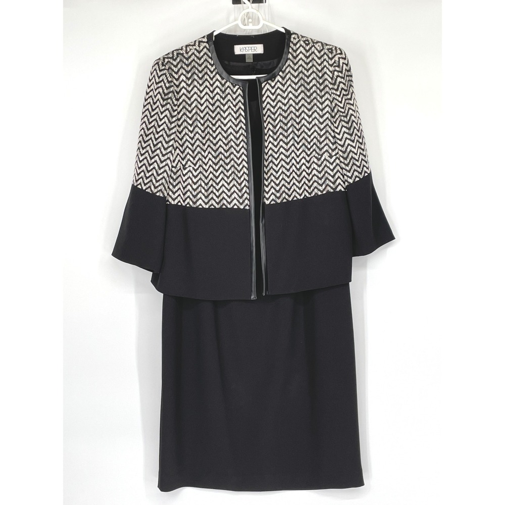 Good Kasper Women Dress Suit 10 2pc Black White Chevron Faux Leather Trim Jacket